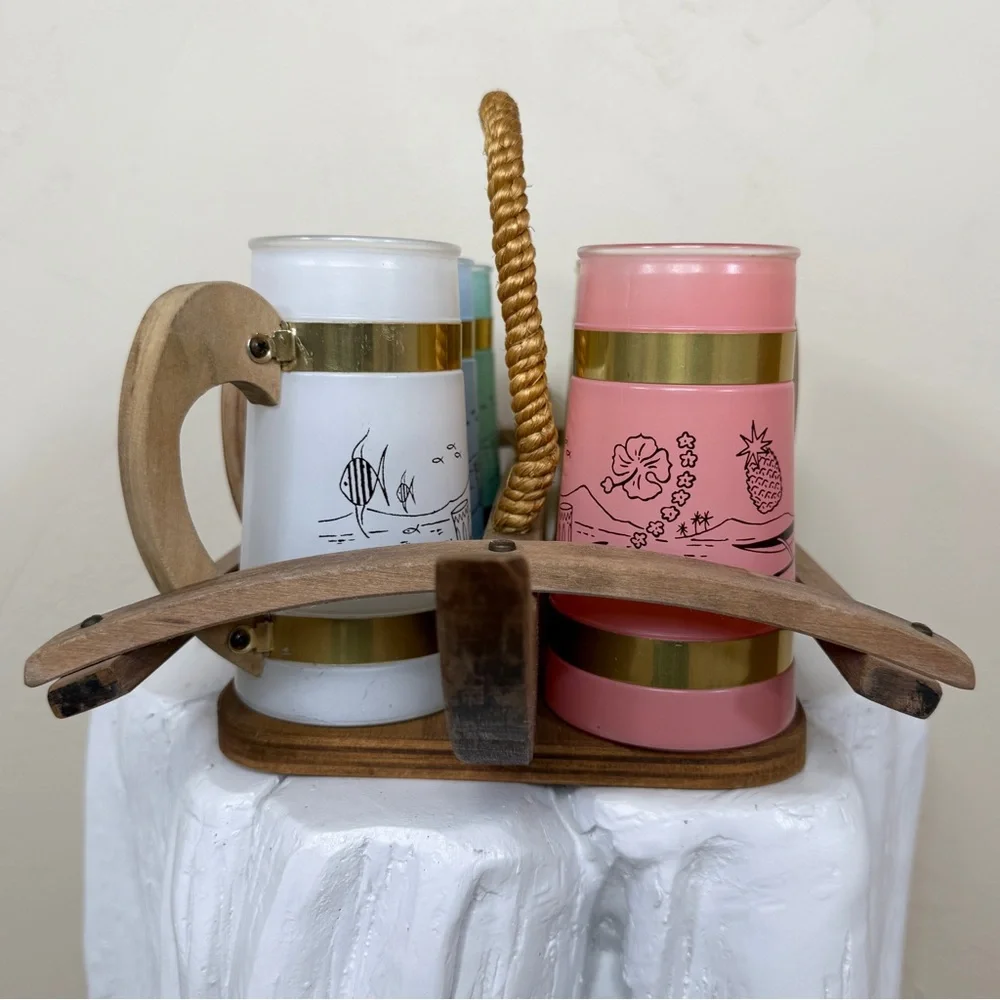 Vintage Siesta Ware Set of 6 Hawaiian Tiki Mugs & Wood Outrigger Canoe Carrier